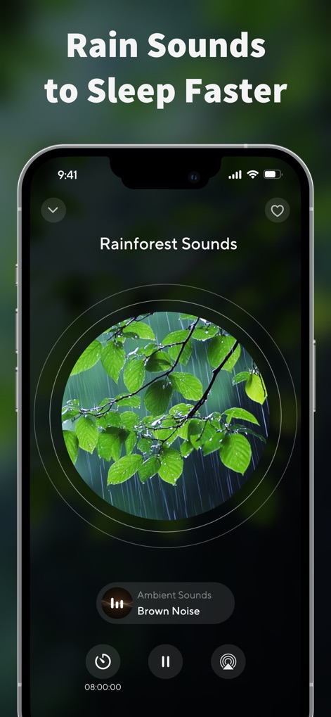 ColorSleep: Green, Brown Noise - Esta pantalla muestra la sección de sonidos de lluvia, específicamente "Rainforest Sounds", con la integración de "Ambient Sounds Brown Noise" para una inmersión completa.