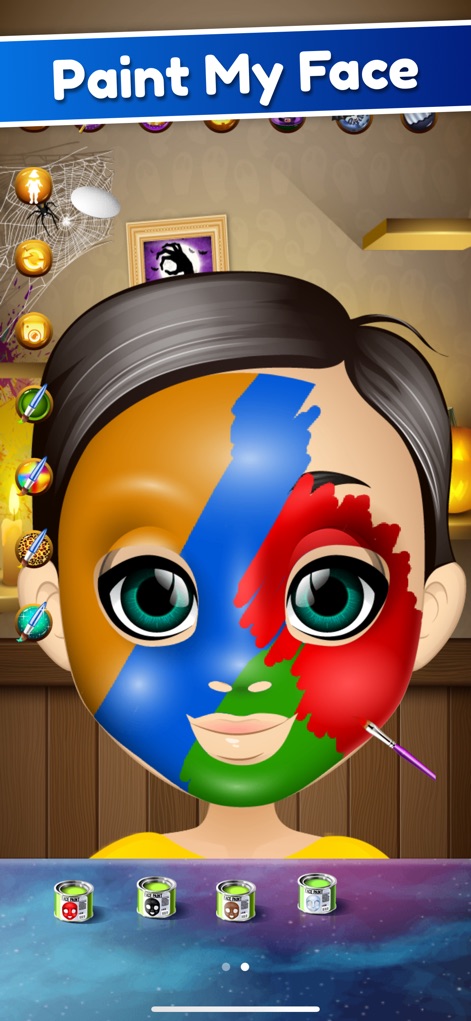 Halloween Face Paint Salon - This screenshot highlights the Free Paint Mode, where users can experiment with broad color applications and select from various paint can options.