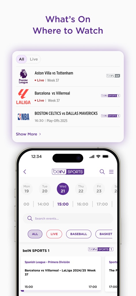 beIN SPORTS - L'application présente un guide TV clair, listant les matchs en direct avec leurs chaînes, et un calendrier des programmes détaillé pour planifier votre visionnage sportif.