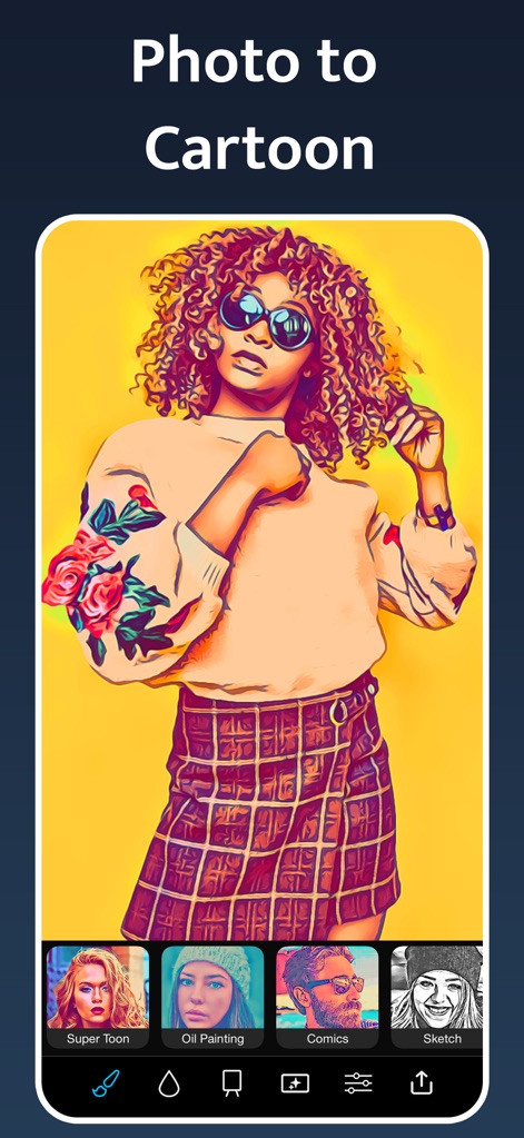 Instant Toon: Cartoon Art Cam - La herramienta transforma una fotografía en una vibrante caricatura, caracterizada por la audacia de los colores y la estilización de los rasgos. La imagen muestra una joven con cabello rizado y vestimenta colorida, destacando una estética pop-art única.