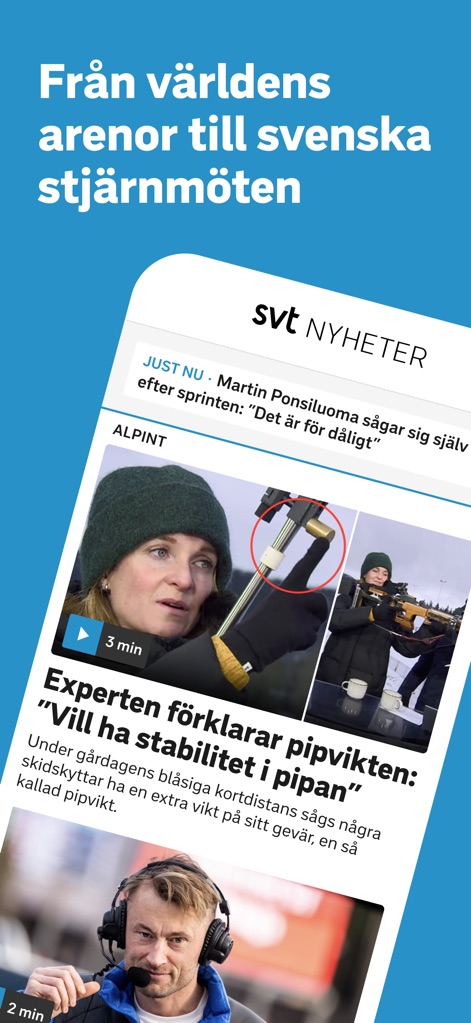 SVT Sport - L'application offre une vue claire des dernières nouvelles sportives, avec des alertes "JUST NU" pour les événements majeurs et des vidéos intégrées indiquant la durée de lecture.