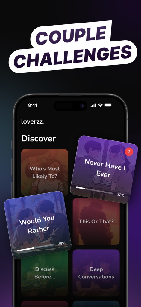 Loverzz: Couples App & Widgets - This section offers a variety of interactive games like "Never Have I Ever" and "Would You Rather", designed to spark playful conversation and explore compatibility.