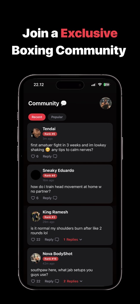 Boxer AI - Users can connect with a vibrant community, participating in discussions and receiving support on various boxing topics, as seen with questions about "amateur fight nerves" and "head movement."