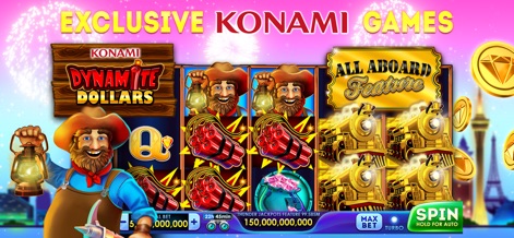 Lucky Time Slots Casino Games - The app proudly showcases its "Exclusive Konami Games" collection, highlighting exciting titles such as "Dynamite Dollars" and the dynamic "All Aboard Feature."
