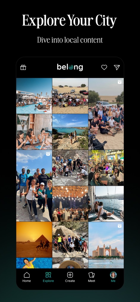 Belong - Meet New People - This tool empowers users to "Explore" their city through a rich grid of local content, showcasing dynamic images from various social gatherings and activities.