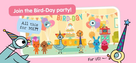 Sago Mini World: Kids Games - Dive into the festive "Bird-Day party" event, featuring Pigeon and Duckling surrounded by colorful decorations and celebratory elements for an immersive play experience.
