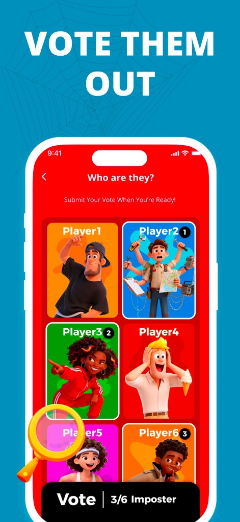 Imposter Game: Spark PartyPass - Observe the voting interface with individual player cards and the crucial "Vote | 3/6 Imposter" indicator for decision-making.