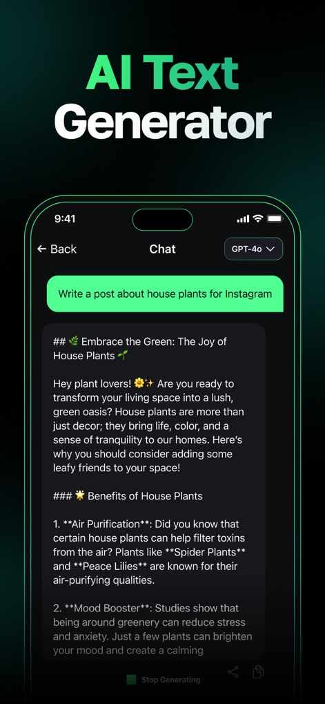 AI Chat Bot - My Assistant - このアプリは、Instagram投稿の作成依頼を受けると、植物に関する詳細な情報と絵文字を含んだ魅力的なテキスト生成結果を出力します。