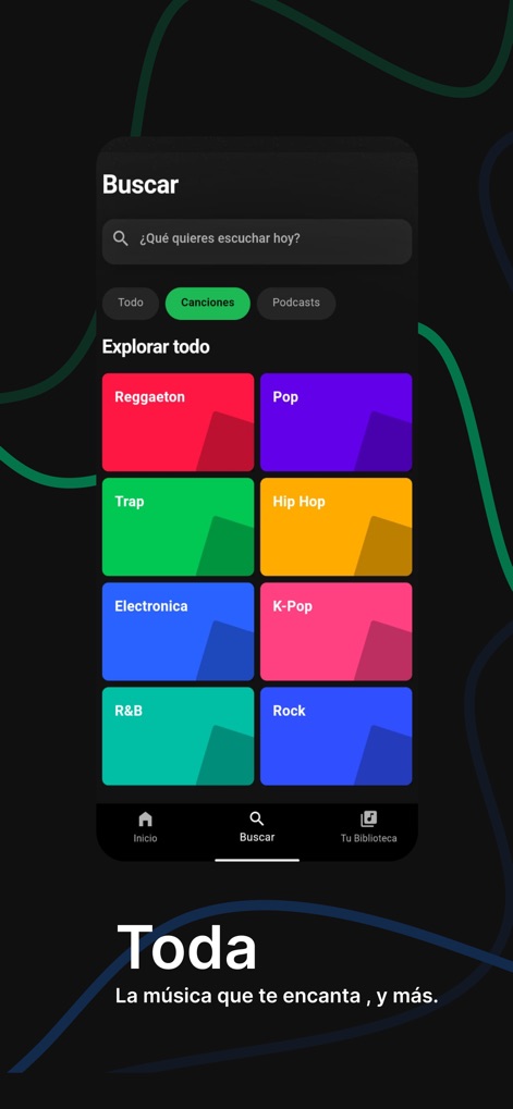Meulify: Reproductor de música - The app makes music discovery simple, presenting diverse genre 'category blocks' and an intuitive 'search bar' for quickly finding desired content.