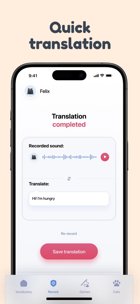 Cat Translator – Human to Pet - Upon completion, the app displays a 'Translation completed' status, showing both the 'Recorded sound' waveform and the translated text input field.