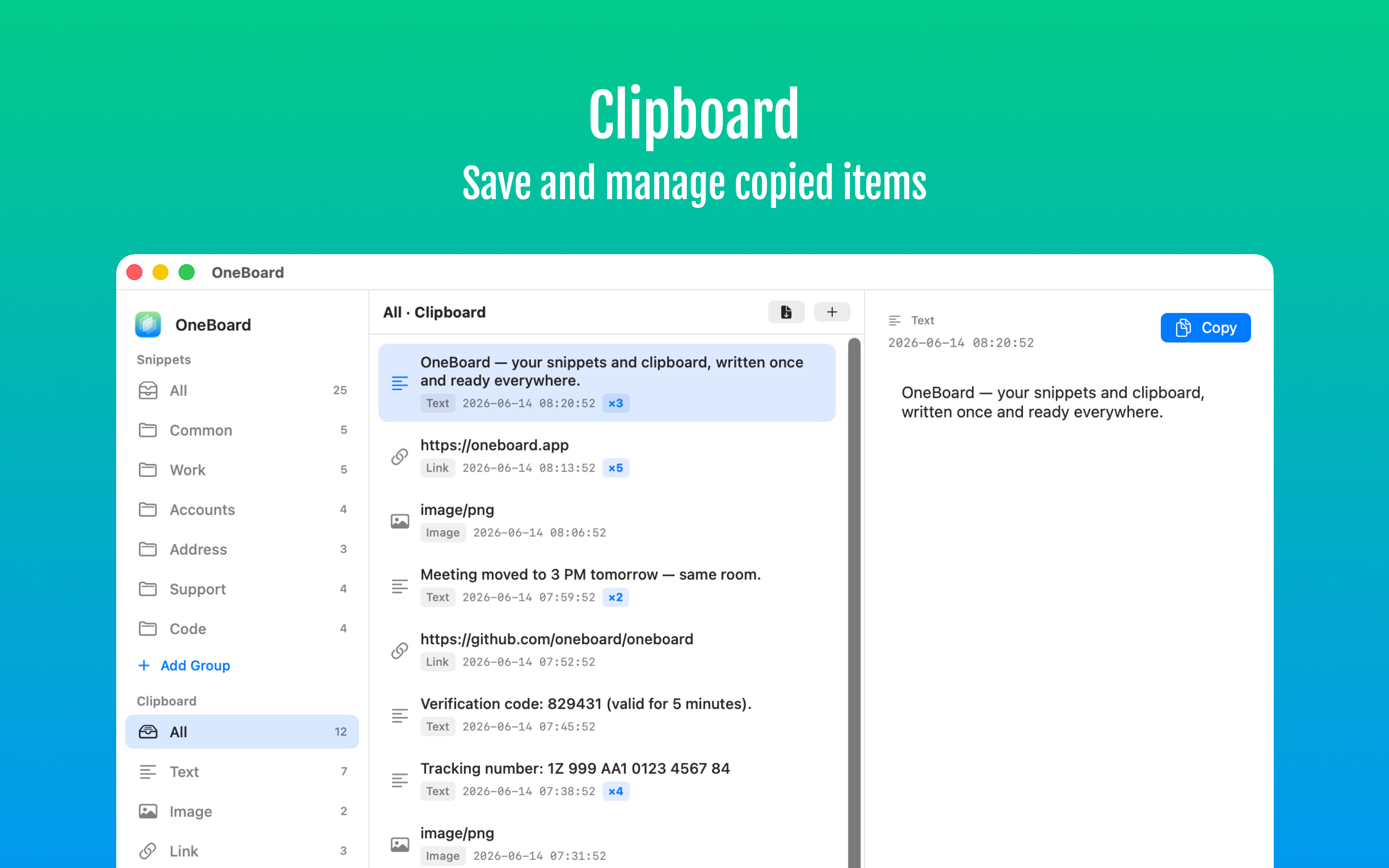 OneBoard - Snippets, Clipboard