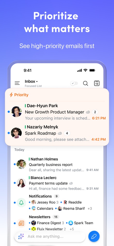 Spark AI Email & Calendar - The "Priority" section intelligently surfaces critical communications from senders like "Dae-Hyun Park," ensuring users see their most important emails before other categories such as "Notifications" and "Newsletters."