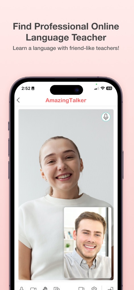 AmazingTalker: Learn Languages - Cette capture d'écran met en lumière l'interface de visioconférence intuitive et la fonction de contrôle du microphone, permettant des échanges fluides et personnalisés avec votre tuteur en direct.