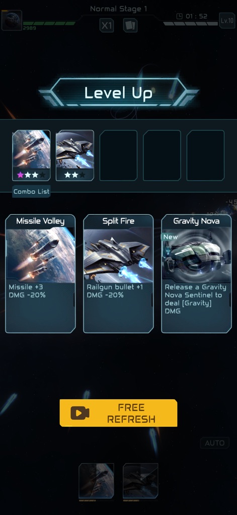 Planet Defense: Space TD game - Explore the crucial 'Level Up' interface, presenting strategic decisions like 'Missile Volley' and 'Gravity Nova' to enhance defensive capabilities.