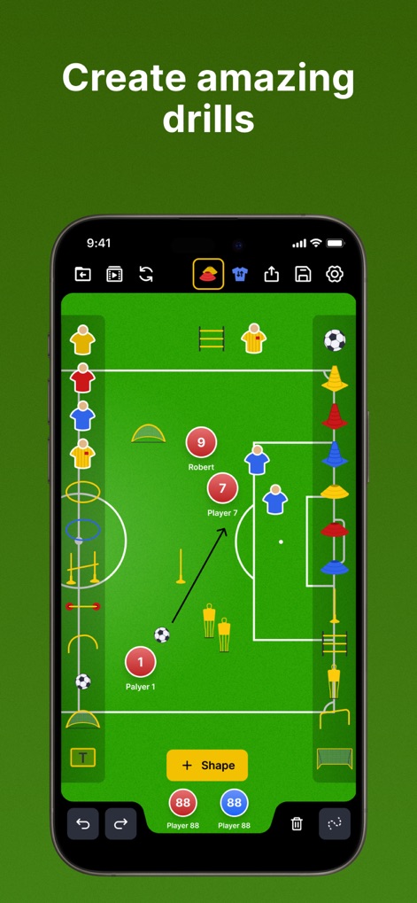 Coach Tactic Board: Soccer - Explore the comprehensive drill design interface, featuring a wide array of training equipment and the ability to assign multiple player roles with distinct colors.