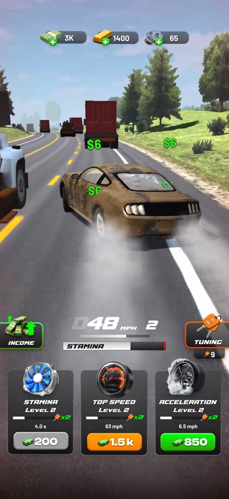 Highway Drift - Car Racing - See how Highway Drift - Car Racing captures intense drifting action with visible tire smoke and features detailed upgrade options for 'Stamina'.