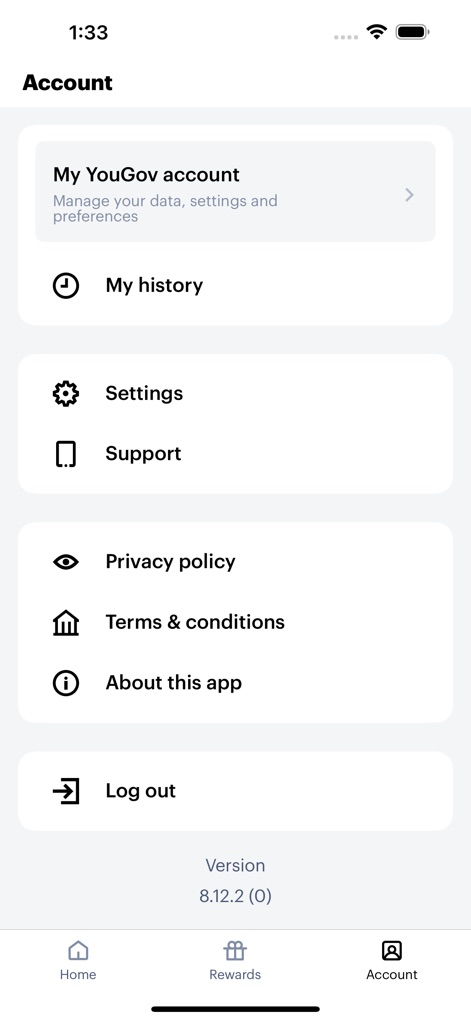 YouGov - The 'Account' section provides comprehensive management capabilities, allowing users to control their data via 'My YouGov account' and access help through 'Settings' and 'Support' options.