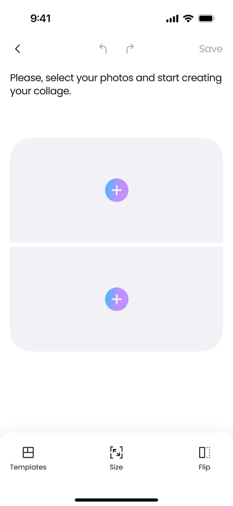 Photo Collage Maker・Pic Layout - La interfaz guía a los usuarios con indicaciones claras para seleccionar fotos, mostrando marcadores de posición con el icono '+' para cargar imágenes y comenzar el proceso de creación del collage.