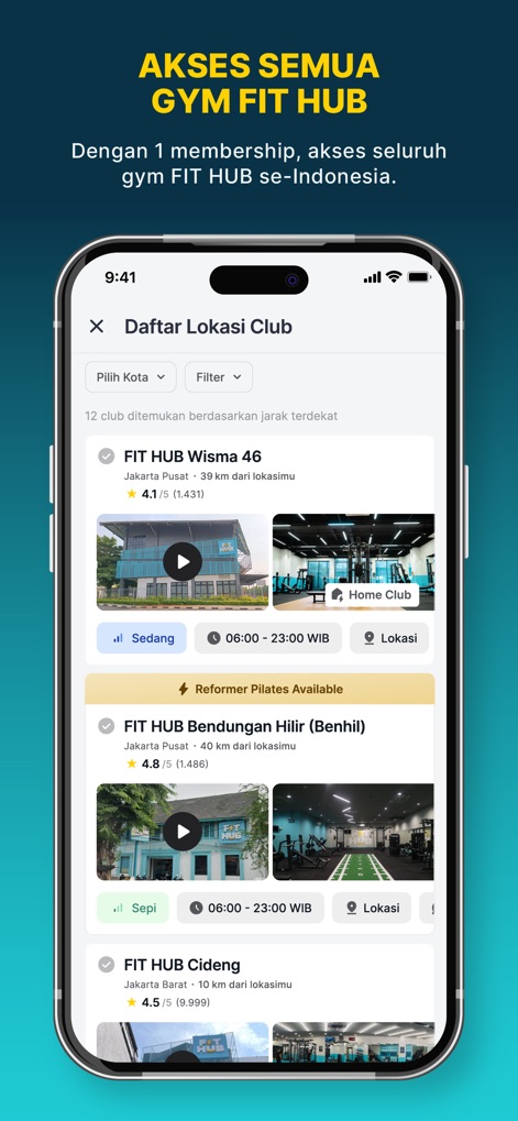 FIT HUB | Gym & Fitness App - Users can effortlessly explore a comprehensive list of gym locations and utilize intuitive filter options to find their nearest FIT HUB, complete with ratings and facility details.