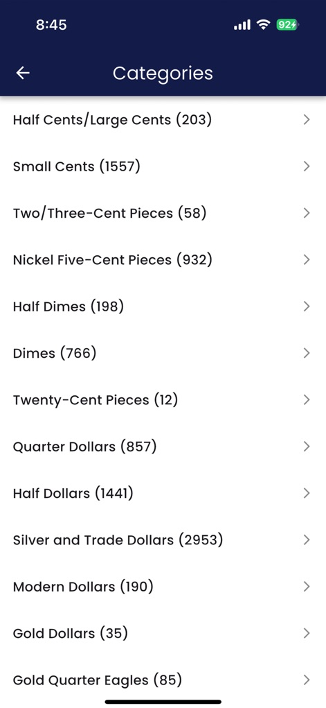 GreatCollections - 앱은 다양한 주화 유형별로 세분화된 '카테고리' 목록을 제공하며, 각 카테고리별로 현재 이용 가능한 품목의 수를 명시하여 검색 효율성을 높입니다.