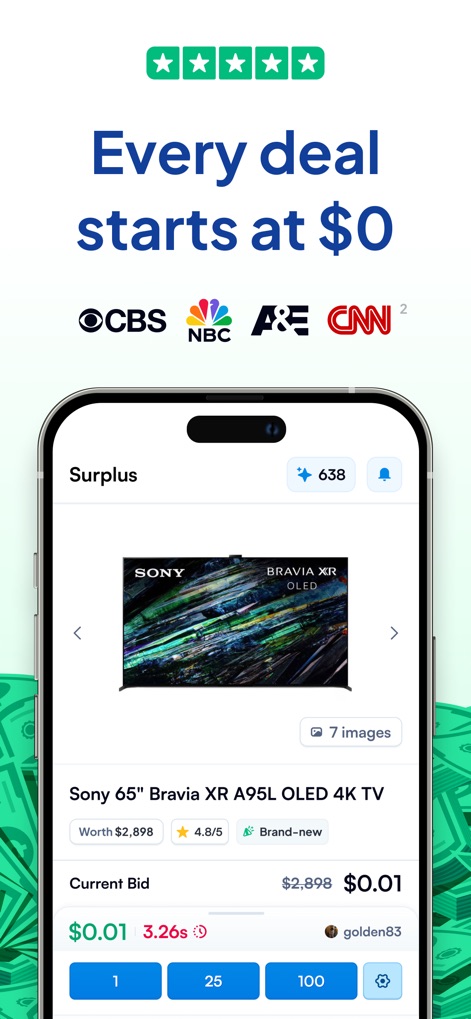 GovAuctions.com - Shop Surplus - Users can explore premium brand-new items such as a Sony 65" Bravia OLED TV, with every auction beginning at an accessible $0.01 current bid, complemented by clear "Worth" and rating details.