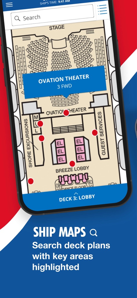 Carnival HUB - Nutzer finden sich leicht zurecht mit interaktiven Deckplänen, die wichtige Bereiche wie das „Ovation Theater“ hervorheben und eine praktische Suchleiste bieten.