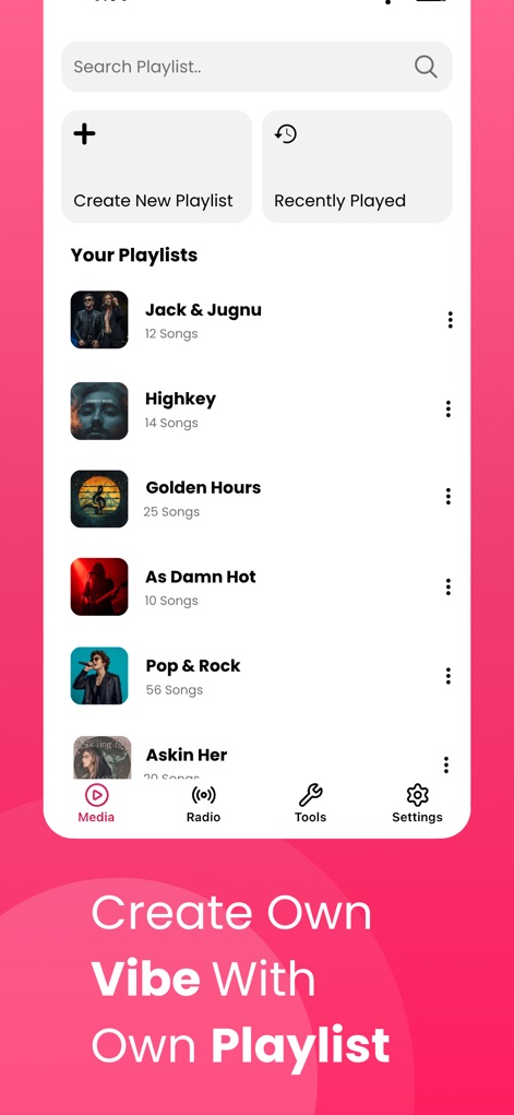 Tubidy Video Music : FM player - Questo strumento consente la massima personalizzazione della musica, offrendo la possibilità di 'Crea Nuova Playlist' e di gestire le 'Tue Playlist' esistenti con facilità.