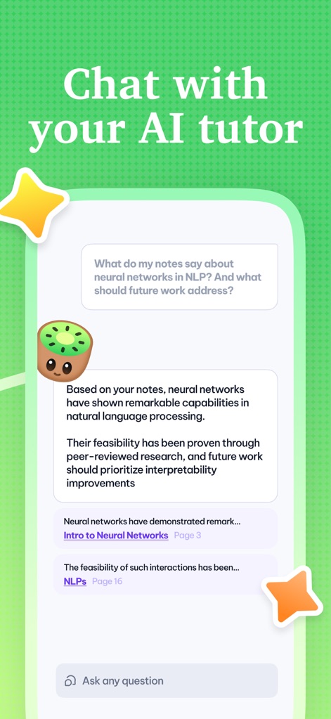 Kiwi AI - Notetaker - Dieser Screenshot zeigt die innovative Chatfunktion mit einem KI-Tutor, bei der Nutzer Fragen stellen und präzise Antworten erhalten, die auf ihren vorhandenen Notizen basieren.