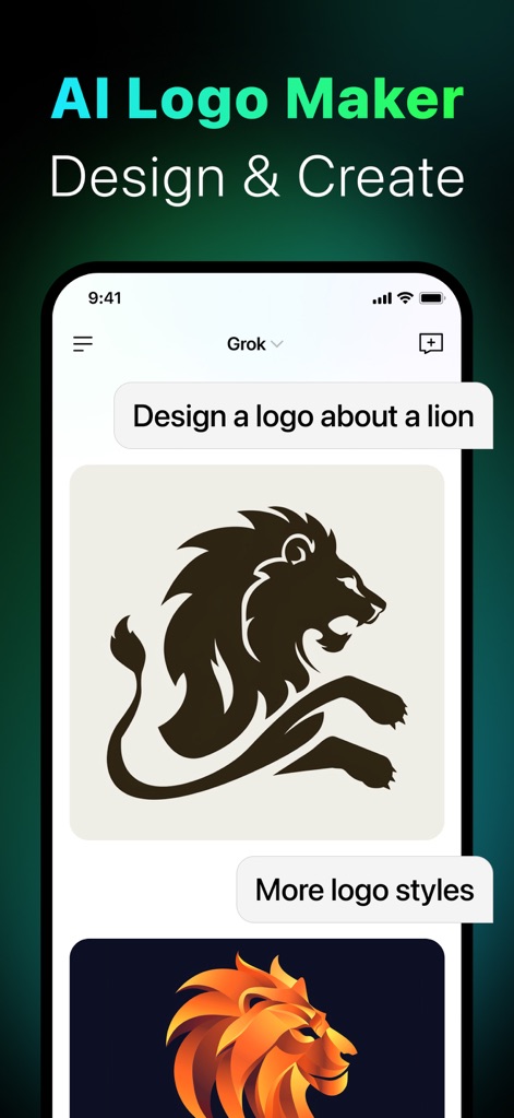 AI Chatbot & Design Assistant - O "AI Logo Maker" facilita a criação de designs personalizados, apresentando dois exemplos distintos de "lion logos" gerados em resposta a um comando textual.