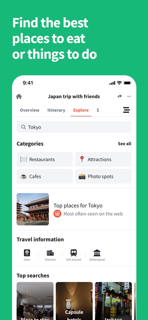 Wanderlog - Travel Planner - Discover new experiences effortlessly through categorized suggestions for "Restaurants" and "Attractions," complete with top search results for popular destinations like Tokyo.