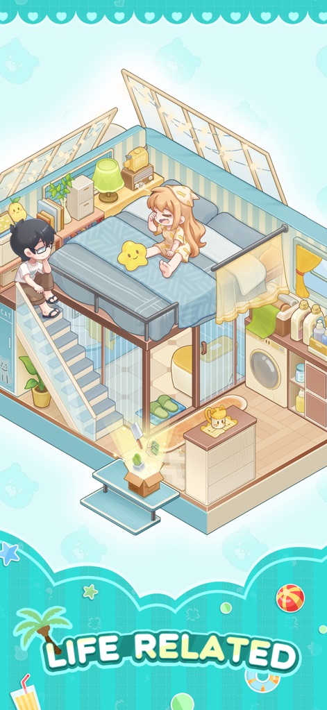 Oops! Tidy Up - Explore the clever design of a compact loft apartment, showcasing a raised bed area and a fully functional washing machine, highlighting versatile living spaces for characters.