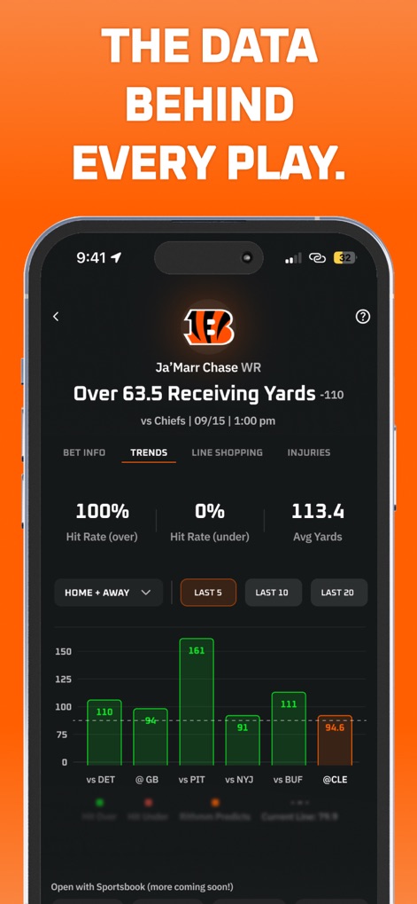Rithmm: AI Sports Betting - Detailed player pages offer critical insights under the 'TRENDS' tab, showcasing historical 'Hit Rate (%)' and visual charts of 'Avg Yards' per game.