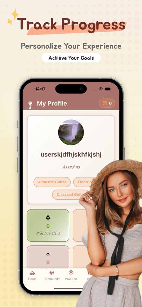 Tigo -  Connect, Play, Grow - ユーザーは、自分のプロフィールに「アコースティックギター」や「エレクトリックギター」といった専門分野をタグ付けし、これまでの「練習日数」を数値で確認できます。