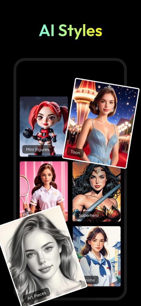 AI Photo Generator - Fotorama - Discover the extensive range of artistic transformations available, from 'Mini Figures' to detailed 'Anime' renditions.