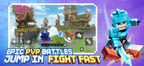 Blockman GO - Witness the thrilling multiplayer combat with characters engaged in sword fights, set within detailed floating island arenas.