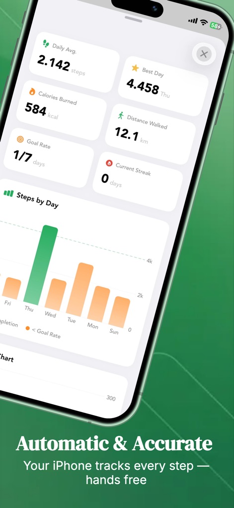 The Pedometer: Step Counter - Esta tela oferece uma visão aprofundada do desempenho, com estatísticas como 'Calories Burned' e 'Distance Walked', complementadas por um gráfico de barras que exibe os 'Steps by Day'.