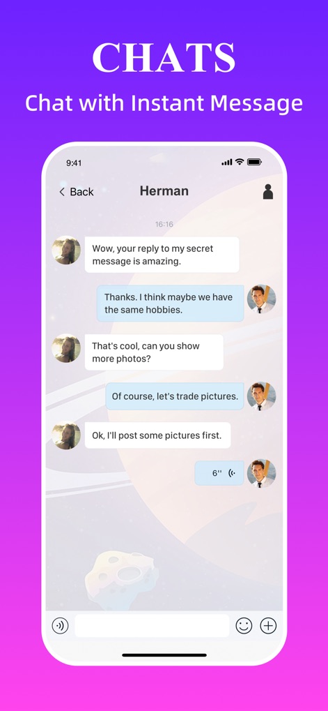 Sugar Meet & Dating Me: Secret - The app provides a streamlined chat interface, showcasing instant messages within dynamic chat bubbles and clearly displaying user avatars for natural conversations.