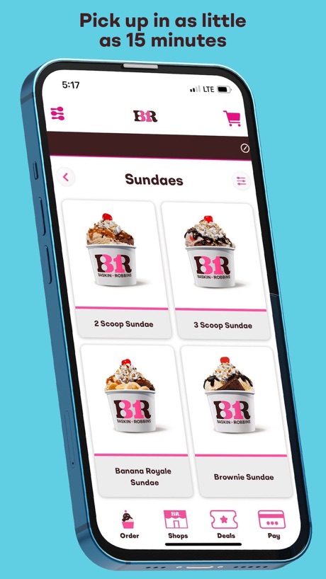 Baskin-Robbins App Store screenshot 2, headline “Pick up in as little as 15 minutes”. Teal.