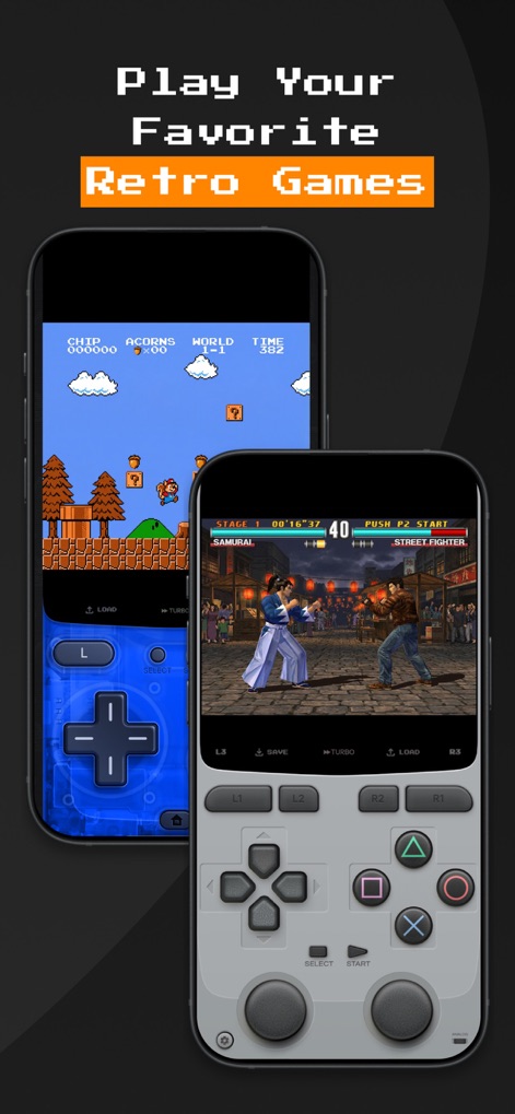 Game Emulator: GamePod Emu - Users can dive into classic titles, with transparent on-screen D-pads for platformers and detailed button layouts for fighting games, ensuring responsive gameplay.