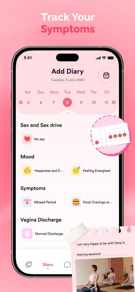 Pregnancy Tracker: Bump & AI - Users can comprehensively track their symptoms and mood through intuitive logging options and maintain a personal diary with journal entries.