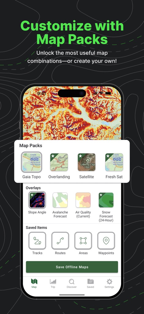 Gaia GPS: Mobile Trail Maps - Users can personalize their mapping experience, choosing from a comprehensive selection of map packs like 'Gaia Topo' and adding practical overlays such as 'Slope Angle' and 'Avalanche Forecast'.