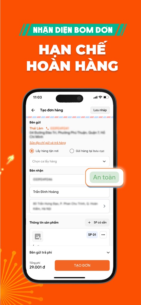 GHN - Giao Hàng Nhanh - La aplicación ofrece una capa de seguridad para los vendedores, destacando la detección proactiva de pedidos fraudulentos y el indicador de seguridad 'Anatom' para los datos del destinatario.
