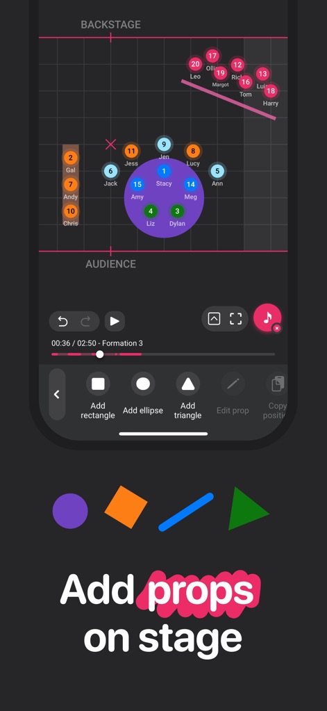 ArrangeUs - Enhance stage design with diverse elements, allowing users to "Add rectangle" or "Add ellipse" and other geometric "props on stage".
