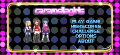 Caramella Girls Game - The main menu presents core options like 'Play Game' and 'Highscores', featuring the beloved Caramella Girls characters.