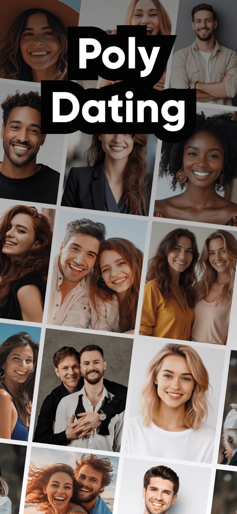 3Fun: Couples & Singles Dating - This tool showcases a vibrant community through a collage of diverse faces and explicitly highlights its focus on "Poly Dating" to attract like-minded individuals.