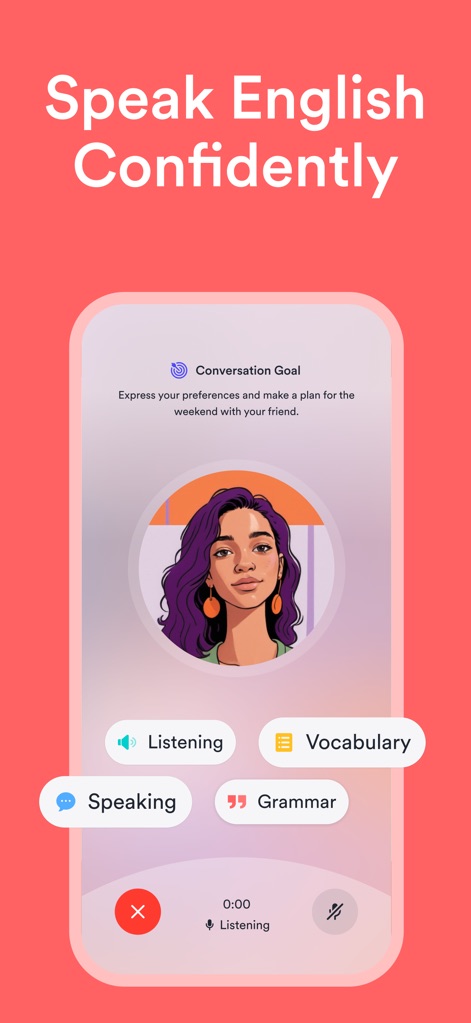 EF Hello: Learn English - ユーザーは、会話の目標設定機能と、スピーキング、リスニング、文法、語彙を含む多様な練習モードを利用できます。