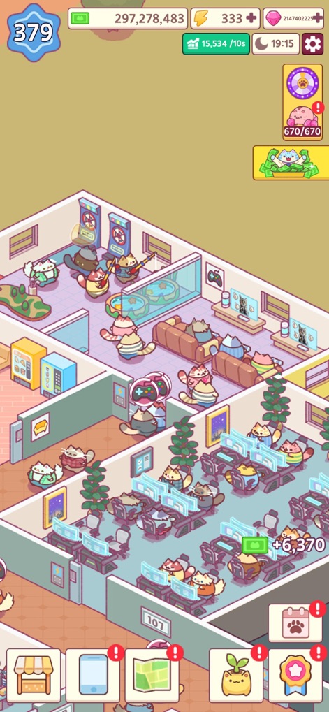 Office Cat: Idle Tycoon Games - Admirez la diversification des salles de bureau et l'intégration astucieuse d'activités de détente pour les employés, comme la musique et les jeux vidéo.