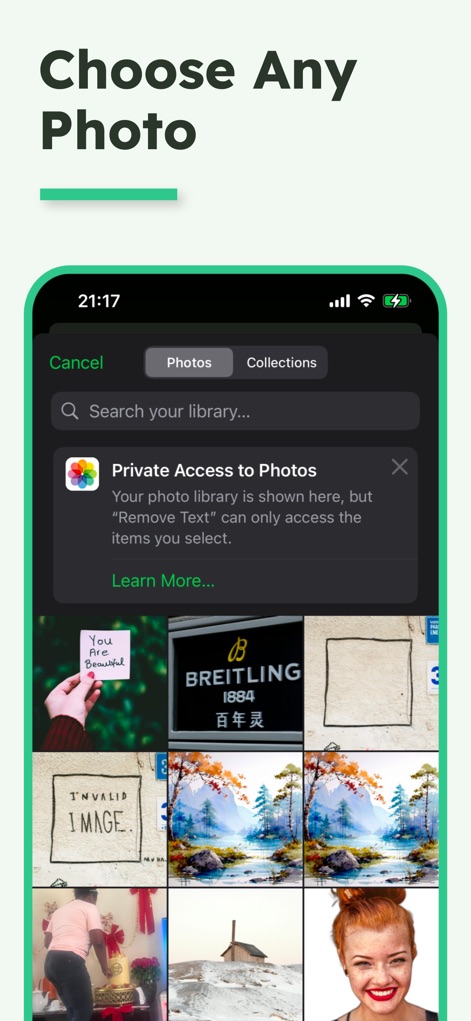 Remove Text From Photo - Gli utenti navigano facilmente nella griglia di selezione delle foto (X), mentre una notifica importante informa sull'accesso privato alle foto (Y), garantendo la sicurezza dei dati personali.