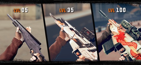 Sniper 3D: Gun Shooting Games - Explore the weapon customization and upgrade system, showcasing diverse sniper rifle designs and their associated "LVL" progression markers.