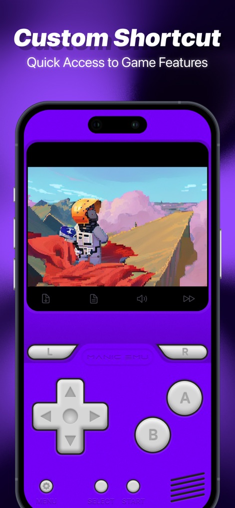 Manic EMU - Game Emulator - This tool offers personalized gameplay through its custom controller skin and quick-access icons for features like fast-forward and in-game saves.